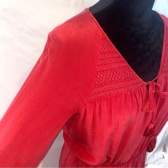 Madewell Red Silk Size 8 Elastic Waist Smocked Shoulder Long Sleeve Mini Dress - Picture 7 of 10